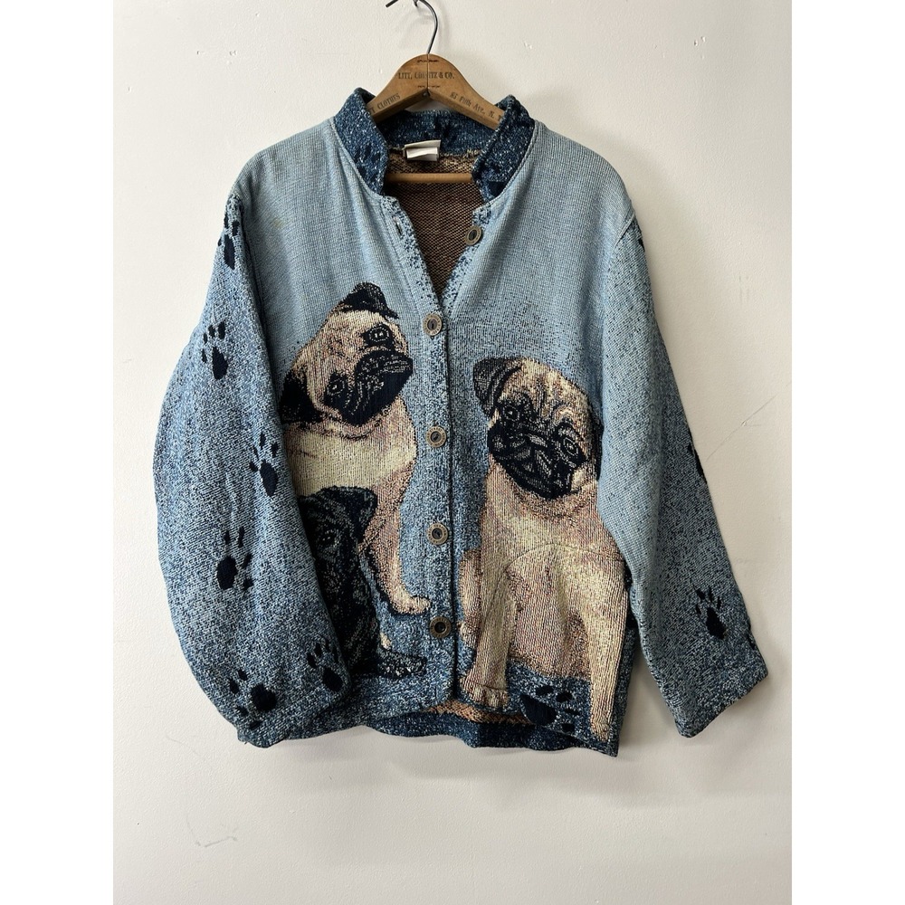 Vintage 90s Sugar Street Weavers Tapestry Jacket Pug Dog Cardigan Size Large USA